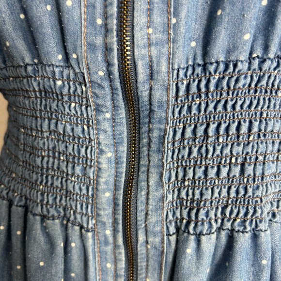 J Glee Blue Chambray Size XL Dress Polka Dot Zip Front Elastic Waist Tab Sleeves - Picture 4 of 12